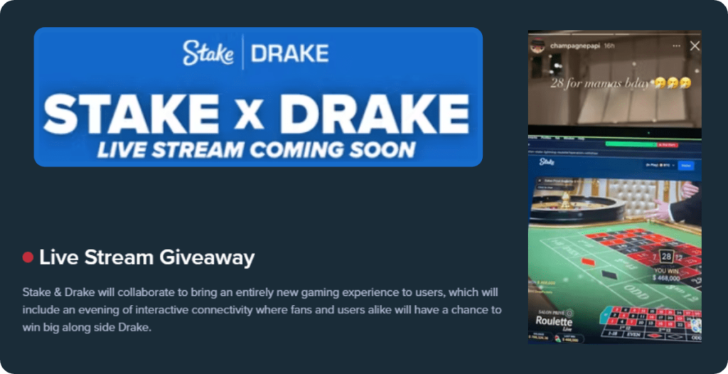 Stake.com casino and Drake collaboration 2023 livestream giveaway