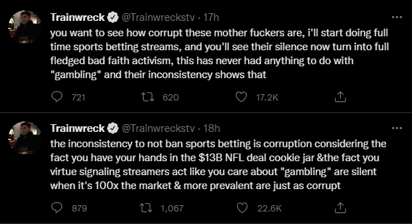 trainwrecks tv react on twitter about twitch stake.com gambling ban 18 october 2022