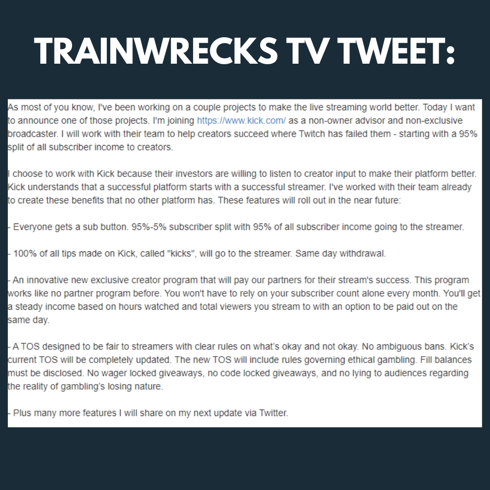 Trainwrecks tv tweet about kick.com and stake.com casino streaming platform